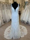 Sheath/Column V-neck Lace Court Train Wedding Dress With Appliques Lace #UKM00028870