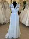A-line V-neck Chiffon Sweep Train Wedding Dress With Appliques Lace #UKM00028876