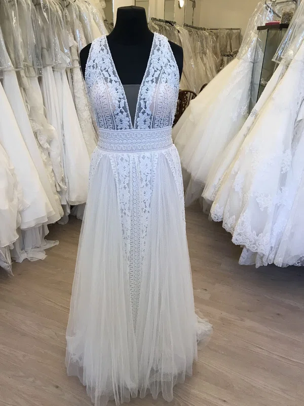 A-line V-neck Lace Tulle Floor-length Wedding Dress With Ruched #UKM00028877