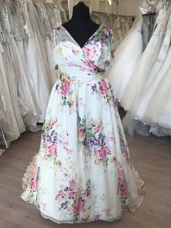 Ball Gown/Princess V-neck Organza Sweep Train Wedding Dress With Flower(s) #UKM00028878