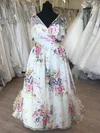 Ball Gown/Princess V-neck Organza Sweep Train Wedding Dress With Flower(s) #UKM00028878