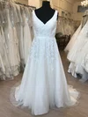 Ball Gown/Princess V-neck Glitter Tulle Sweep Train Wedding Dress With Appliques Lace #UKM00028880