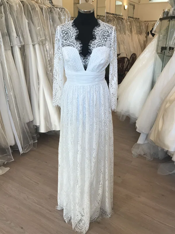 A-line V-neck Lace Floor-length Wedding Dress #UKM00028881