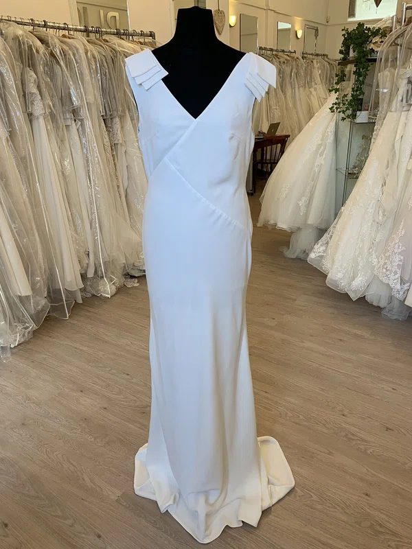 Sheath/Column V-neck Stretch Crepe Sweep Train Wedding Dress #UKM00028882