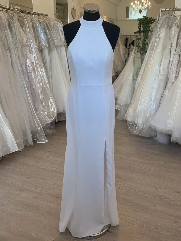 Sheath/Column High Neck Chiffon Floor-length Wedding Dress With Split Front #UKM00028890