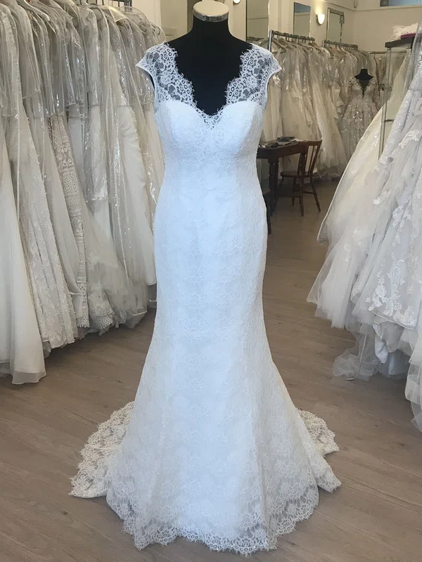 Trumpet/Mermaid V-neck Lace Sweep Train Wedding Dress With Sequins #UKM00028893