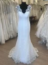 Trumpet/Mermaid V-neck Lace Sweep Train Wedding Dress With Sequins #UKM00028893