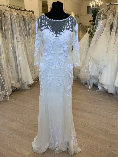 Sheath/Column Illusion Tulle Sweep Train Wedding Dress With Appliques Lace #UKM00028895