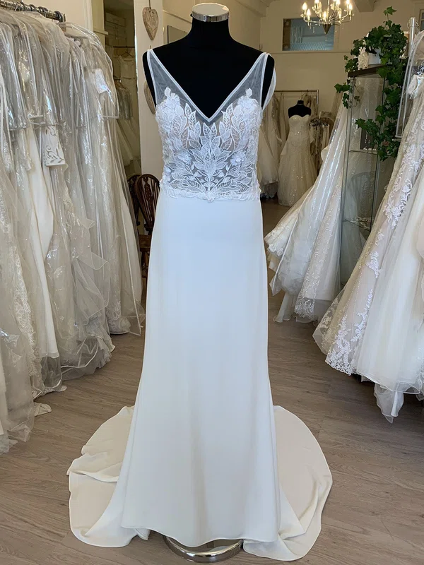 Sheath/Column V-neck Satin Chiffon Sweep Train Wedding Dress With Appliques Lace #UKM00028898