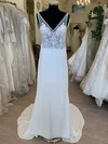 Sheath/Column V-neck Satin Chiffon Sweep Train Wedding Dress With Appliques Lace #UKM00028898