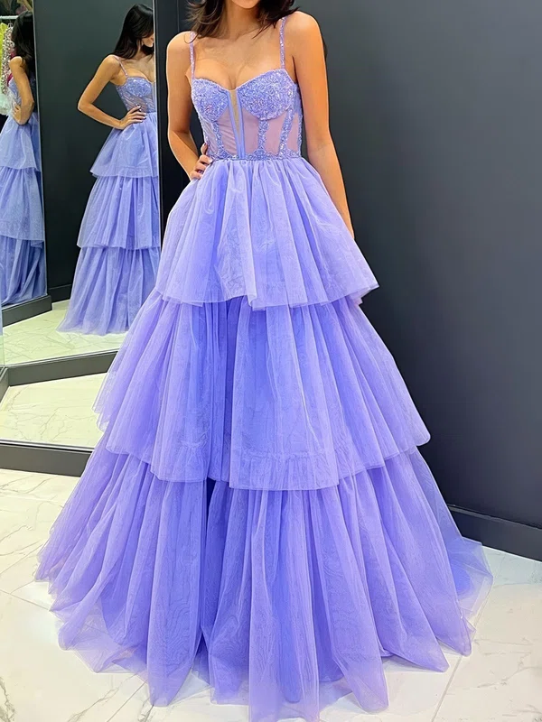 Ball Gown Sweetheart Tulle Tiered Prom Dresses With Appliques #UKM020124015