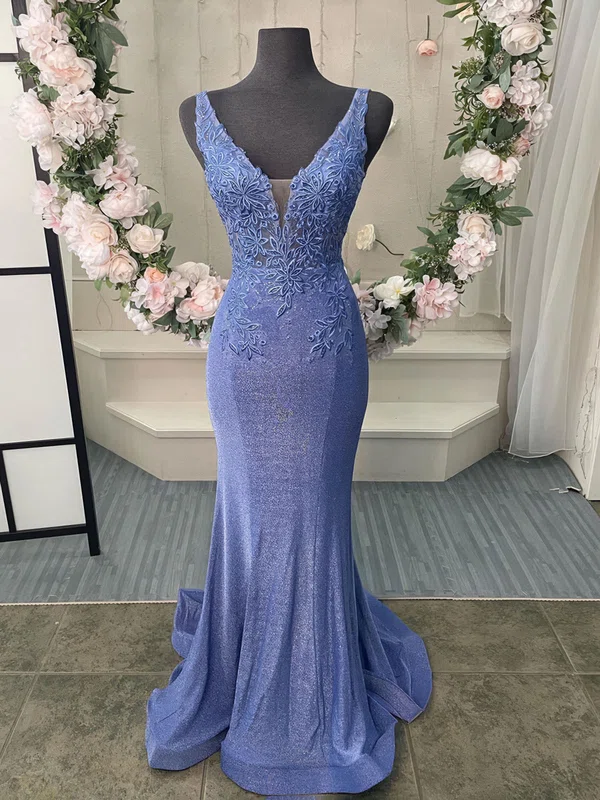Mermaid V-neck Sparkly Sequin Prom Dresses With Appliques #UKM020124016