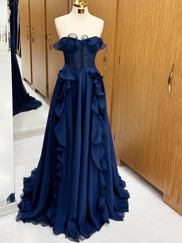 A-line Strapless Tulle Ruffle Prom Dresses #UKM020124017