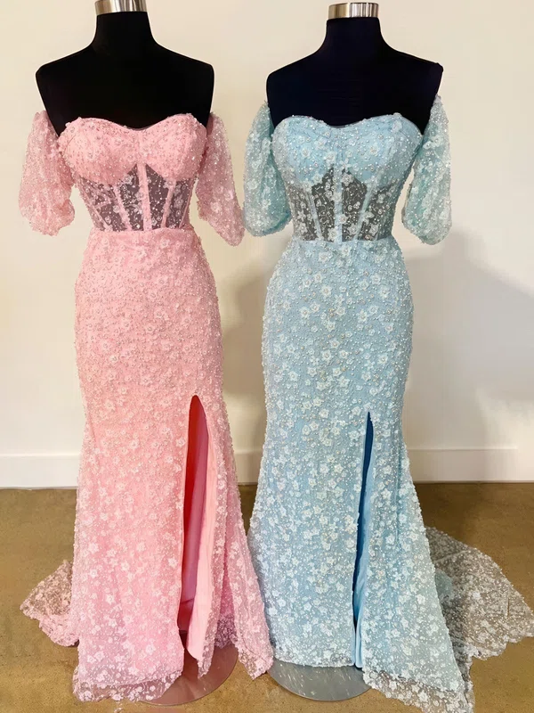 Sheath/Column Off-the-shoulder Sparkly Sequin Prom Dresses With 3D Floral #UKM020124019