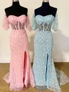 Sheath/Column Off-the-shoulder Sparkly Sequin Prom Dresses With 3D Floral #UKM020124019