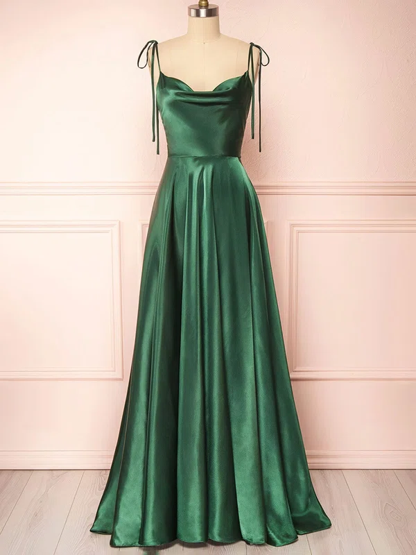 A-line Cowl Neck Satin Prom Dresses With Ruched #UKM020124024