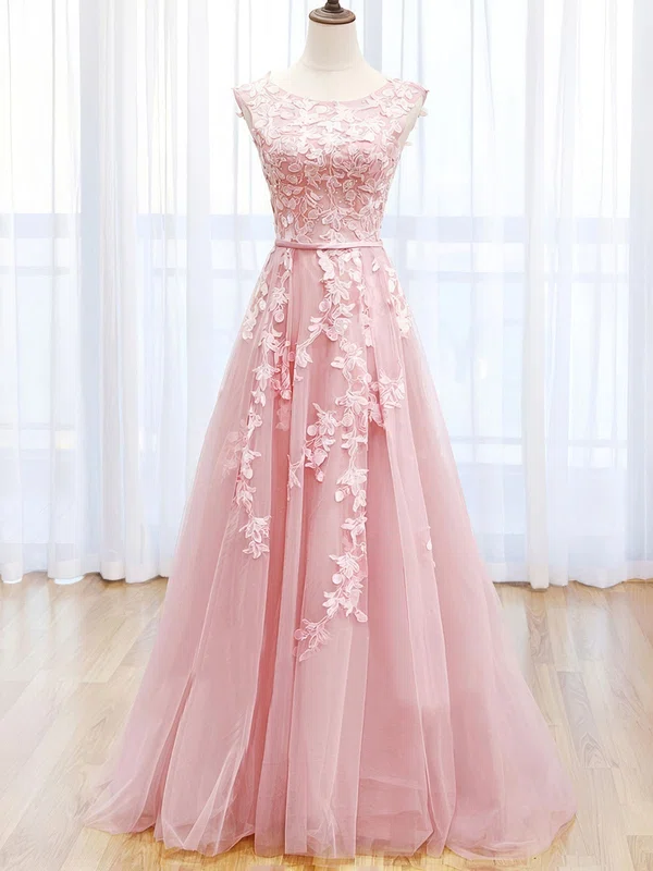 Ball Gown Scoop Neck Backless Tulle Prom Dresses With Appliques #UKM020124027
