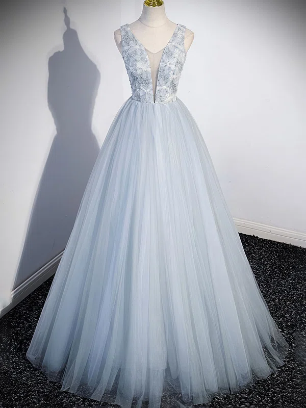 Ball Gown V-neck Floor-length Tulle Prom Dresses With Appliques #UKM020124028