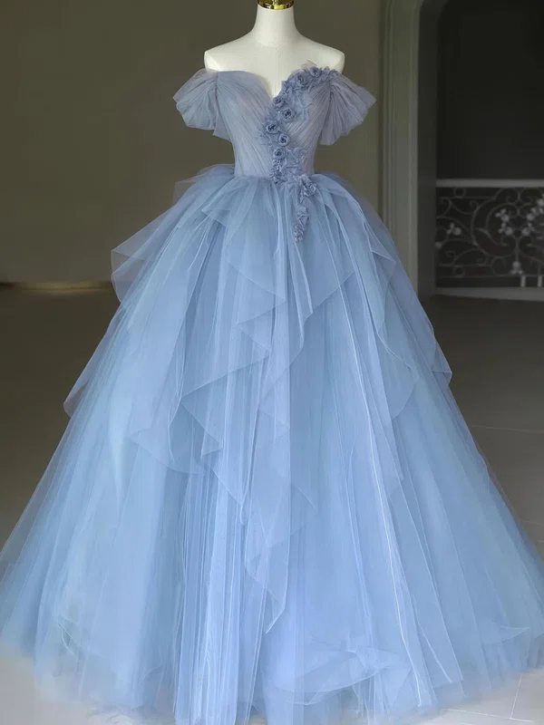 Princess Off-the-shoulder Tulle Ruffle Prom Dresses With 3D Floral #UKM020124029