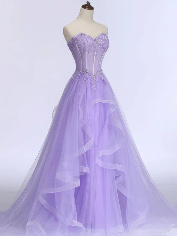 Princess Strapless Tulle Ruffle Prom Dresses With Appliques #UKM020124035