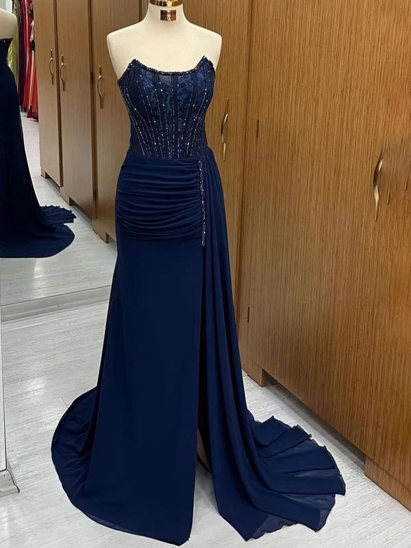 Sheath/Column Strapless Chiffon Corset Prom Dresses With Beading #UKM020124038