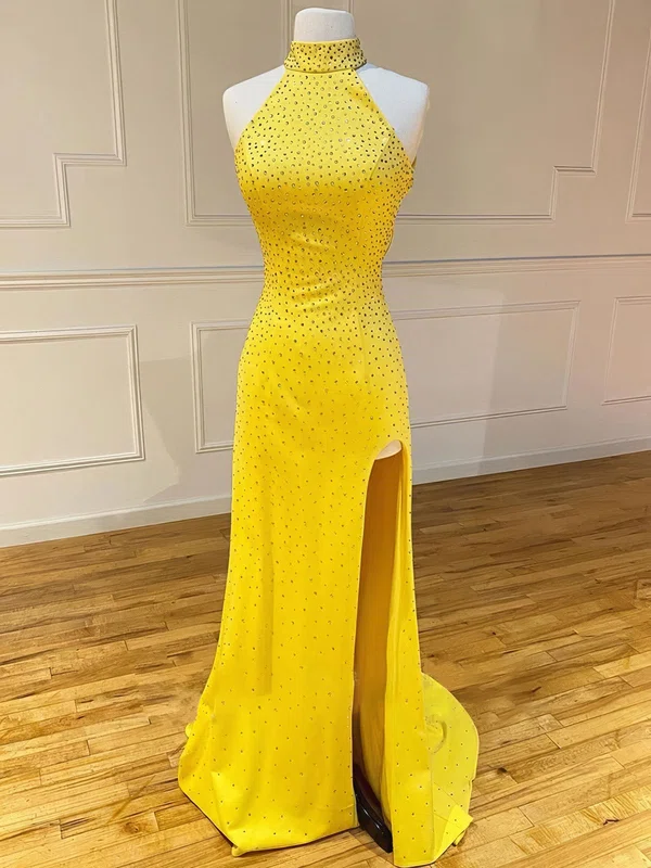 Sheath/Column High Neck Jersey Cut Out Beaded Prom Dresses #UKM020124042