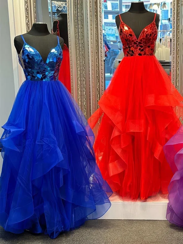 Ball Gown V-neck Tulle Ruffle Tiered Prom Dresses With Beading #UKM020124048