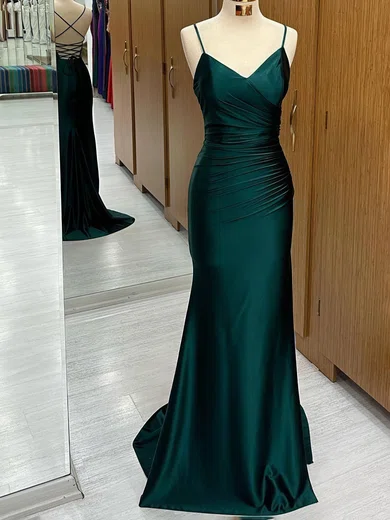 Sheath/Column V-neck Satin Prom Dresses With Ruched #UKM020124058