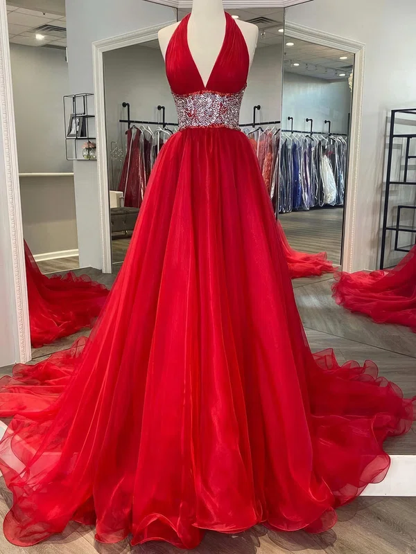 Ball Gown Halter Backless Tulle Prom Dresses With Beading #UKM020124061