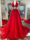 Ball Gown Halter Backless Tulle Prom Dresses With Beading #UKM020124061