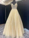 Ball Gown V-neck Tulle Floor-length Beaded Prom Dresses #UKM020124068