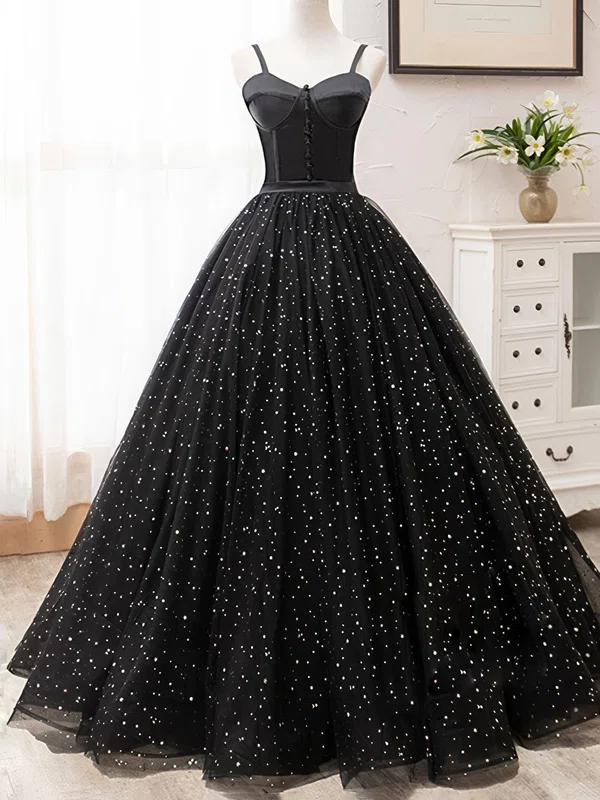 Black Ball Gown Sweetheart Floor-length Tulle Prom Dresses #UKM020124078