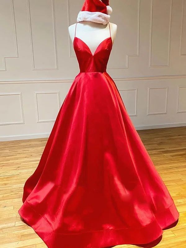Red Ball Gown V-neck Backless Satin Prom Dresses #UKM020124082