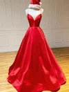 Red Ball Gown V-neck Backless Satin Prom Dresses #UKM020124082