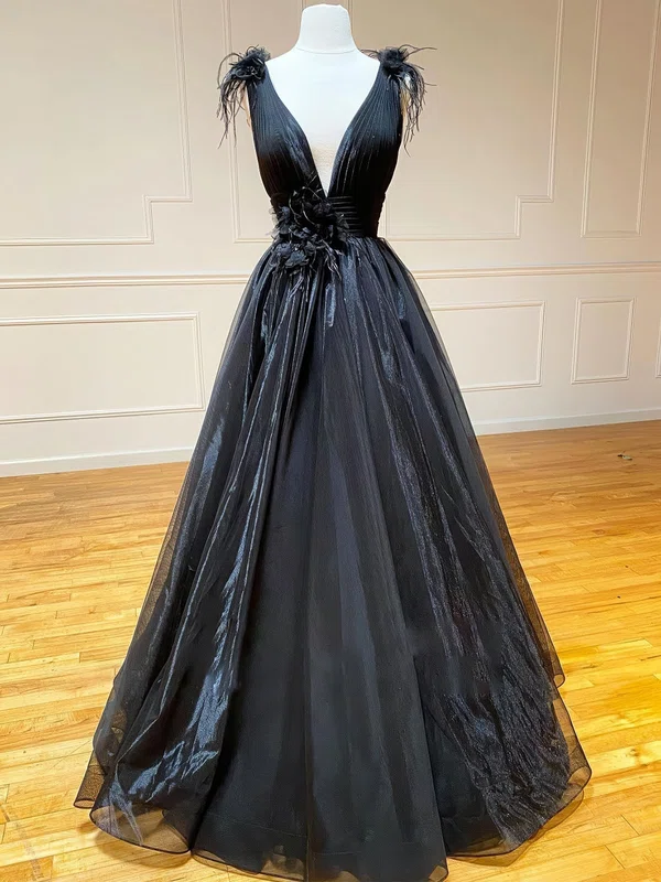 Black Ball Gown V-neck Tulle Prom Dresses With Feather #UKM020124085