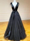 Black Ball Gown V-neck Tulle Prom Dresses With Feather #UKM020124085