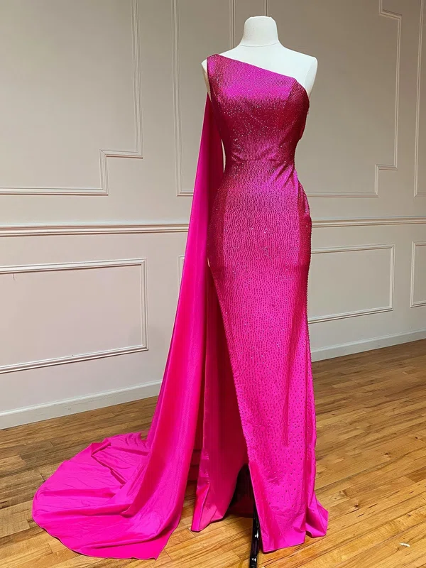 Sheath/Column One Shoulder Jersey Cut Out Beaded Prom Dresses #UKM020124086