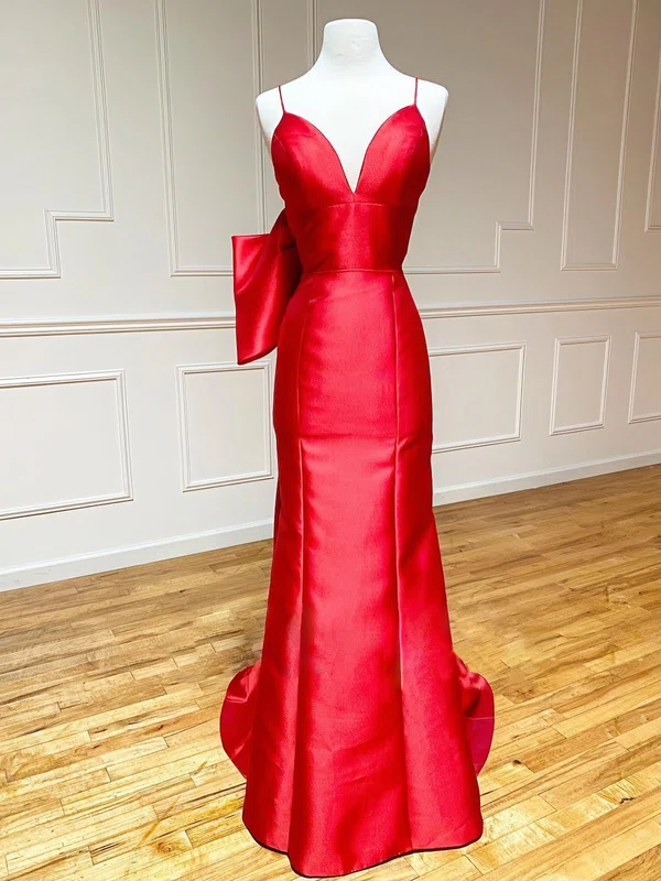 Red Sheath/Column V-neck Satin Prom Dresses With Bow #UKM020124087