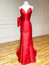 Red Sheath/Column V-neck Satin Prom Dresses With Bow #UKM020124087