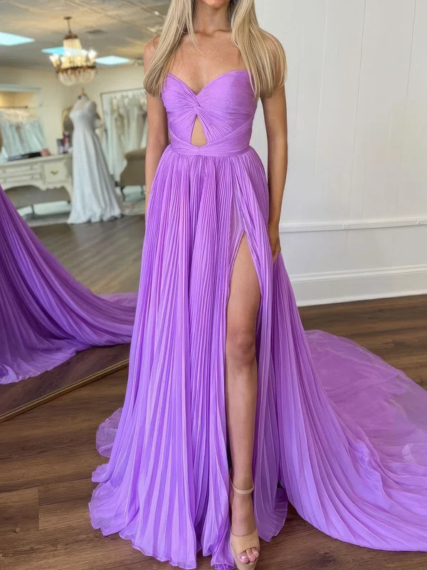 A-line Strapless Chiffon Cut Out Pleated Prom Dresses #UKM020124099