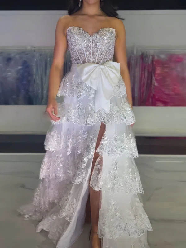 Ball Gown Strapless Tulle Tiered Prom Dresses With Appliques #UKM020124117