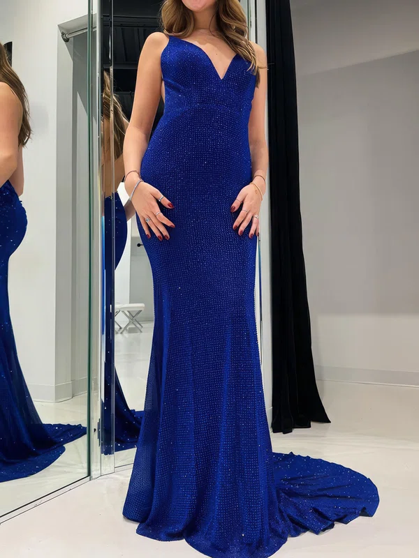 Glitter Sheath/Column Jersey V-neck Beaded Prom Dresses #UKM020124127