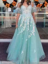 Ball Gown V-neck Tulle Puff Sleeve Sparkly Prom Dresses With Appliques #UKM020124134