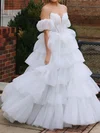 Ball Gown Off-the-shoulder Tulle Tiered Prom Dresses With Puff Sleeve #UKM020124148