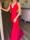 Red Mermaid V-neck Satin Prom Dresses With Ruched #UKM020124154