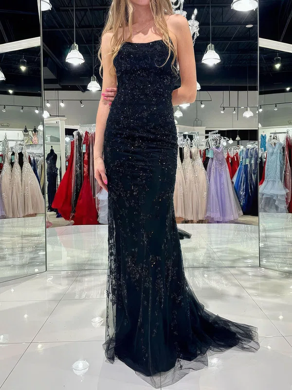 Sheath/Column Scoop Neck Tulle Prom Dresses With Appliques #UKM020124166