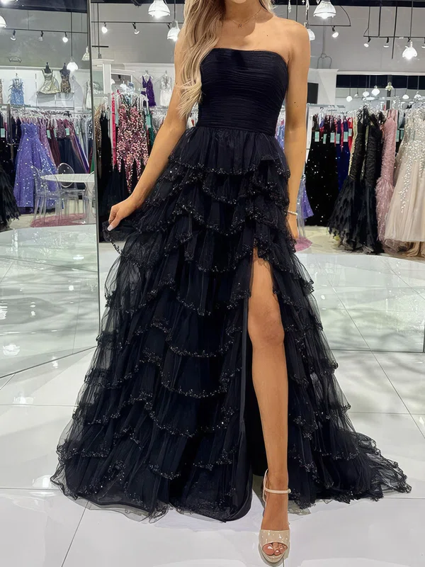 Ball Gown Strapless Tulle Tiered Prom Dresses With Appliques #UKM020124172