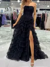 Ball Gown Strapless Tulle Tiered Prom Dresses With Appliques #UKM020124172