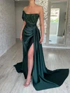 Sheath/Column Strapless Ruched Satin Prom Dresses With Beading #UKM020124180