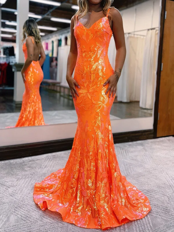 Mermaid V-neck Backless Sparkly Sequin Prom Dresses #UKM020124185